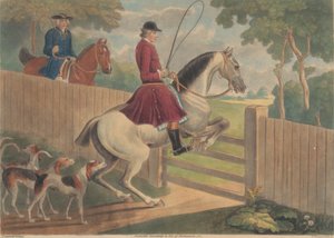 Jacht [twee van een set van twaalf]: 7. [Een ruiter die een paard naar een hek leidt]
