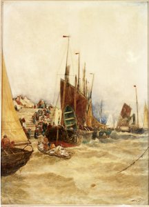 De Eerste Boot van de Makreelvisserij, Boulogne, 1889 door Thomas Bush Hardy