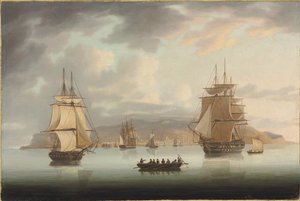 Funchal Roadstead, H.M.S. Blenheim met Greyhound en Harrier op weg naar buiten