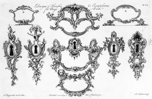 Ontwerpen van handvatten en sleutelplaten voor messingwerk, prent gemaakt door W. Foster, 1761