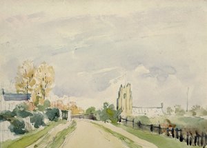Suffolk landschap, een brede weg met een klein huis, een kerk en bomen door Thomas Churchyard