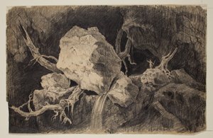Jager staand in grot bij rots en waterval, circa 1828 door Thomas Cole