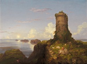 Italiaanse kustscène met verwoeste toren