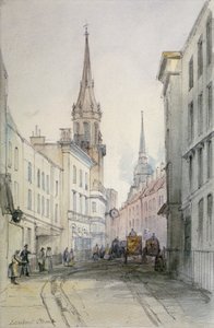 Uitzicht langs Lombard Street, kijkend naar het oosten, met figuren en rijtuigen, City of London, 1851