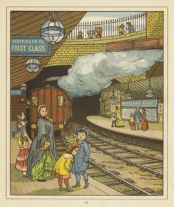 Een vrouw die met een groep kinderen op een perron staat bij het Portland Road treinstation door Thomas Crane