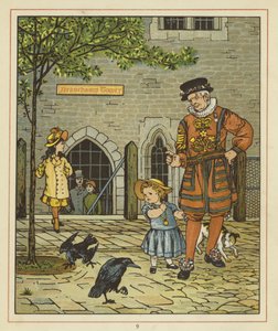 Een jong meisje staat nerveus naast een Yeoman van de Garde door Thomas Crane