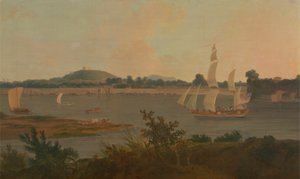 Pinas die de Ganges afvaart langs het Fort van Monghyr door Thomas Daniell