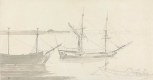 Twee afgemeerde schepen en een vissersboot door Thomas Daniell