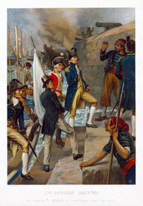 In een vijandig land. De landing van Horatio Nelson (1758-1805) in Kopenhagen (Denemarken), na de slag (1801). Chromolithografie, circa 1897, door Thomas Davidson (actief 1863-1903). door Thomas Davidson