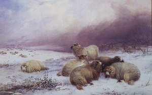 Een winterlandschap met schapen door Thomas Francis Wainewright