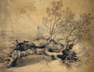 Een omgevallen boom met boerderijgebouwen daarachter door Thomas Gainsborough