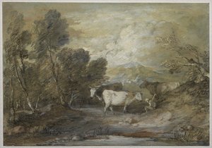 Een herder met drie koeien bij een bergmeertje