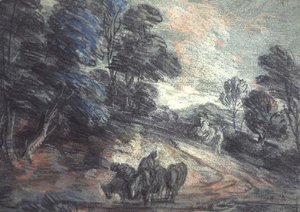 Een Bebost Landschap met Drinkende Paarden door Thomas Gainsborough