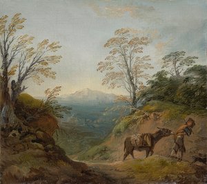 Boslandschap met een jongen die een ezel en een hond leidt, en een uitgestrekt panorama met gebouwen en verre heuvels door Thomas Gainsborough