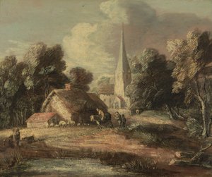 Landschap met huisje en kerk door Thomas Gainsborough