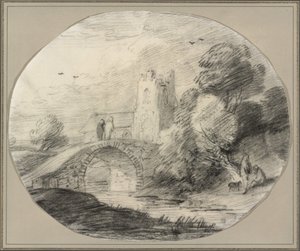 Rivierlandschap met een Brug en een Kerk door Thomas Gainsborough