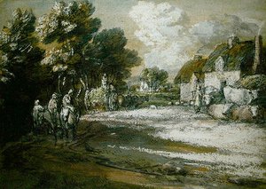 Reizigers die een dorp passeren