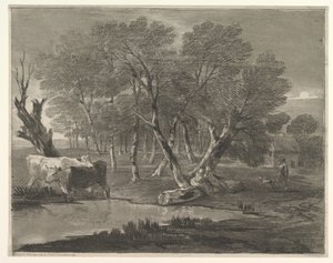Boslandschap met koeien bij een vijver, figuren en een huisje door Thomas Gainsborough