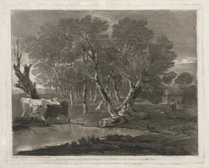Boslandschap met koeien bij een vijver, figuren en huisje, gepubliceerd in 1797 door Thomas Gainsborough