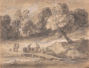 Boslandschap met ruiters die een brug oversteken