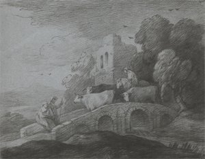 Bosrijk Landschap met Herder die Vee over een Brug Drijft, Rustieke Geliefden en Vernietigd Kasteel door Thomas Gainsborough