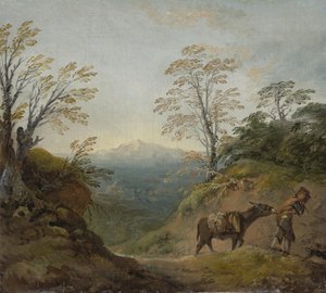 Boslandschap met een jongen die een ezel en een hond leidt, en een uitgestrekt panorama met gebouwen en verre heuvels, vroege jaren 1760 door Thomas Gainsborough