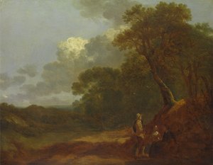 Boslandschap met een man die met twee zittende vrouwen praat, ca. 1745
