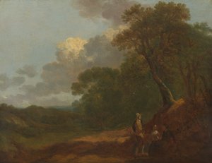 Bosrijk landschap met een man die praat met twee zittende vrouwen