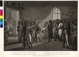 Tadeusz Kosciuszko en de Poolse aristocraten vragen tsaar Paul I om hun vrijheid terug