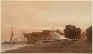 Een scheepswerf aan de monding van een estuarium door Thomas Girtin
