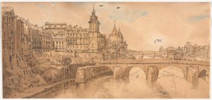 Een selectie van twintig van de meest pittoreske uitzichten in Parijs: Uitzicht op Pont au Change, het Stadstheater, Pont Neuf, Conciergerie-gevangenis, genomen vanaf Pont Notre Dame door Thomas Girtin