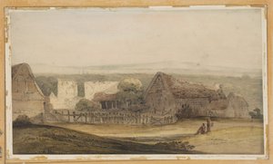 Een groot gebouw met boerderijgebouwen en een kerkruïne door Thomas Girtin