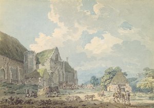 De tiendschuur in Abbotsbury met de abdij op de heuvel, ca. 1795 door Thomas Girtin