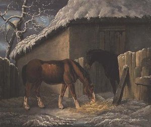 Een winterlandschap met twee paarden die buiten een stal eten
