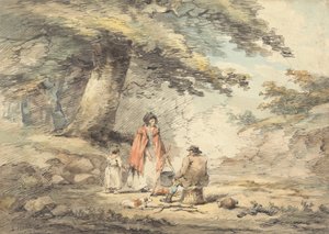 Boslandschap met figuren rond een kookpot