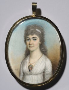 Portret van een Vrouw met een Miniatuur, ca. 1780 door Thomas Hazlehurst