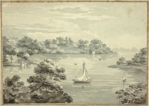 Zeilboten op Meer met Huizen nabij de Oever door Thomas Hearne