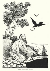 Elia gevoed door de raven (litho) door Thomas Heath Robinson