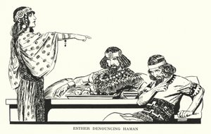 Esther die Haman aanklaagt (litho) door Thomas Heath Robinson