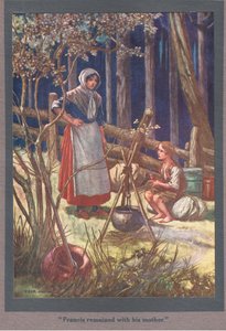 Franciscus bleef bij zijn moeder (kleurenlitho) door Thomas Heath Robinson