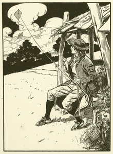 Franklin en zijn vlieger (gravure) door Thomas Heath Robinson