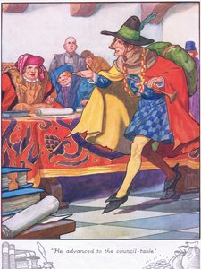 Hij schoof op naar de raadstafel (kleurenlitho) door Thomas Heath Robinson