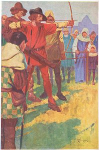 Hij richtte zijn boog voor een kort moment en liet toen de pees los (kleurenlitho) door Thomas Heath Robinson