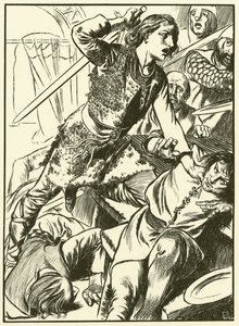 Hereward en zijn mannen vallen de Noormannen aan (gravure) door Thomas Heath Robinson