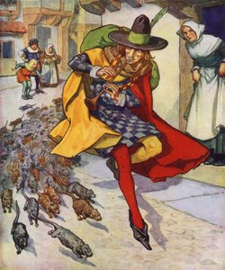 Illustratie voor De rattenvanger van Hamelen (kleurenlitho) door Thomas Heath Robinson