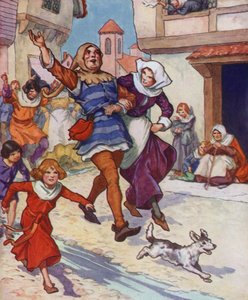 Illustratie voor De rattenvanger van Hamelen (kleurenlitho) door Thomas Heath Robinson