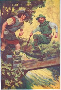 Op een ongelukkig moment gleed hij uit over de houten planken (kleurenlitho) door Thomas Heath Robinson