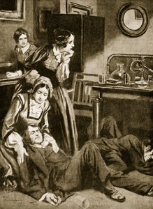 James Simpson en zijn assistenten ontdekken chloroform, november 1847 (litho) door Thomas Heath Robinson