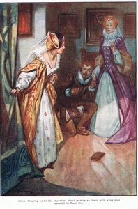 Maria, die het wandtapijt opzij wierp, stond hen aan te staren met ogen die vuur leken te vatten (kleurenlitho)