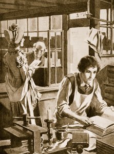 Michael Faraday als leerling van een boekhandelaar leest een encyclopedie (litho) door Thomas Heath Robinson